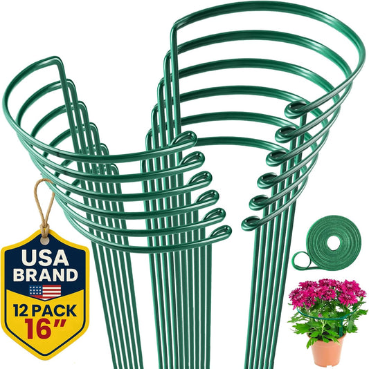 K-Brands 12 Pack Plant Support Stakes – Heavy-Duty Half Round Peony Support Ring and Cage for