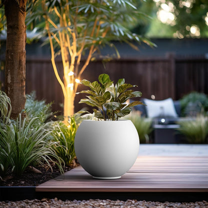 Kante Round Concrete Flower Pot, 19.3 Inch Dia (14" Opening) Sphere Shape Design Planter with Drainage Hole and Rubber Plug for Indoor & Outdoor Plants, White Finish with Aqua Blue Interior