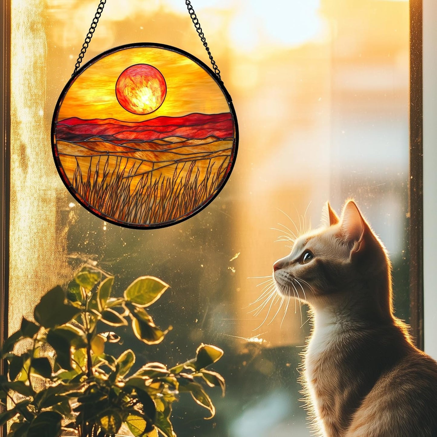 Stained Glass Window Hanging 4 Pcs Set Desert Sunset Theme Landscape Large 15" - Suncatcher Door Garden Sun Catcher Decor Birthday Christmas for Mom Woman Nana Men