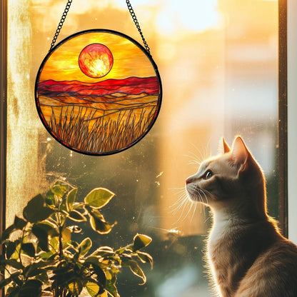 Stained Glass Window Hanging 4 Pcs Set Desert Sunset Theme Landscape Large 15" - Suncatcher Door Garden Sun Catcher Decor Birthday Christmas for Mom Woman Nana Men