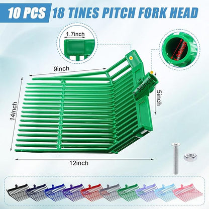 Lasnten 10 Pcs Manure Fork Head 18 Tines Pitch Fork Head with Screws and Nuts Durable Stable ABS Plastic Replacement Pitch for Gardening Horse Stall Picking up Manure Grass Hay