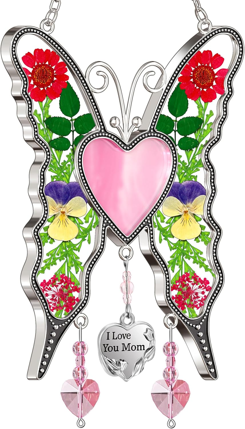 KY&BOSAM Gifts for Mom Suncatcher Butterfly Mother`s Day Gifts I Love You Mom Stained Glass Panels Heart for Window Hanging Wind Chime Pressed Real Flowers Wings Unique Design Birthday Gift for Women