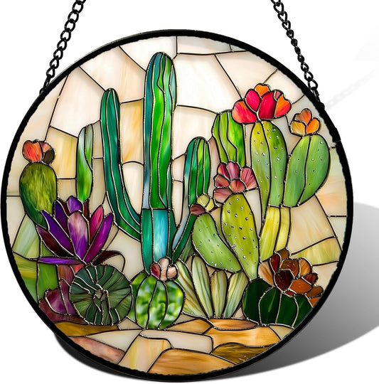 Stained Glass Window Hanging, White Green Cactus Suncatcher Diamond Glass Panel Hangings Sun