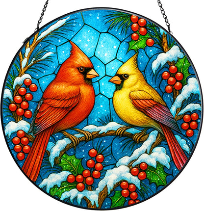 Stained Glass Window Hanging,Winter Red Cardinal Sun Catchers Stained Glass Panels for Indoor Windows Wall Art Decor, Memorial Gift for Mom Women Wife Men Lovers (7.87inch)