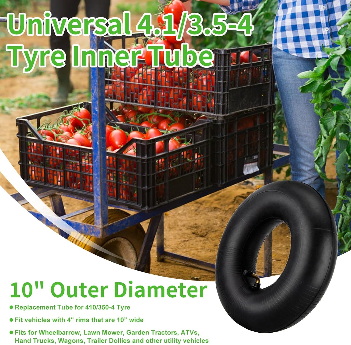 4.10/3.50-4" Inner Tubes, 2 Pack Heavy Duty 4.10 3.50-4/410/350-4 Replacement Tire Inner Tube with Bent Valve Stem for Wheelbarrow, Lawn Mower, Hand Truck, 4" Cart, Tractor, Dolly, Trailer, etc