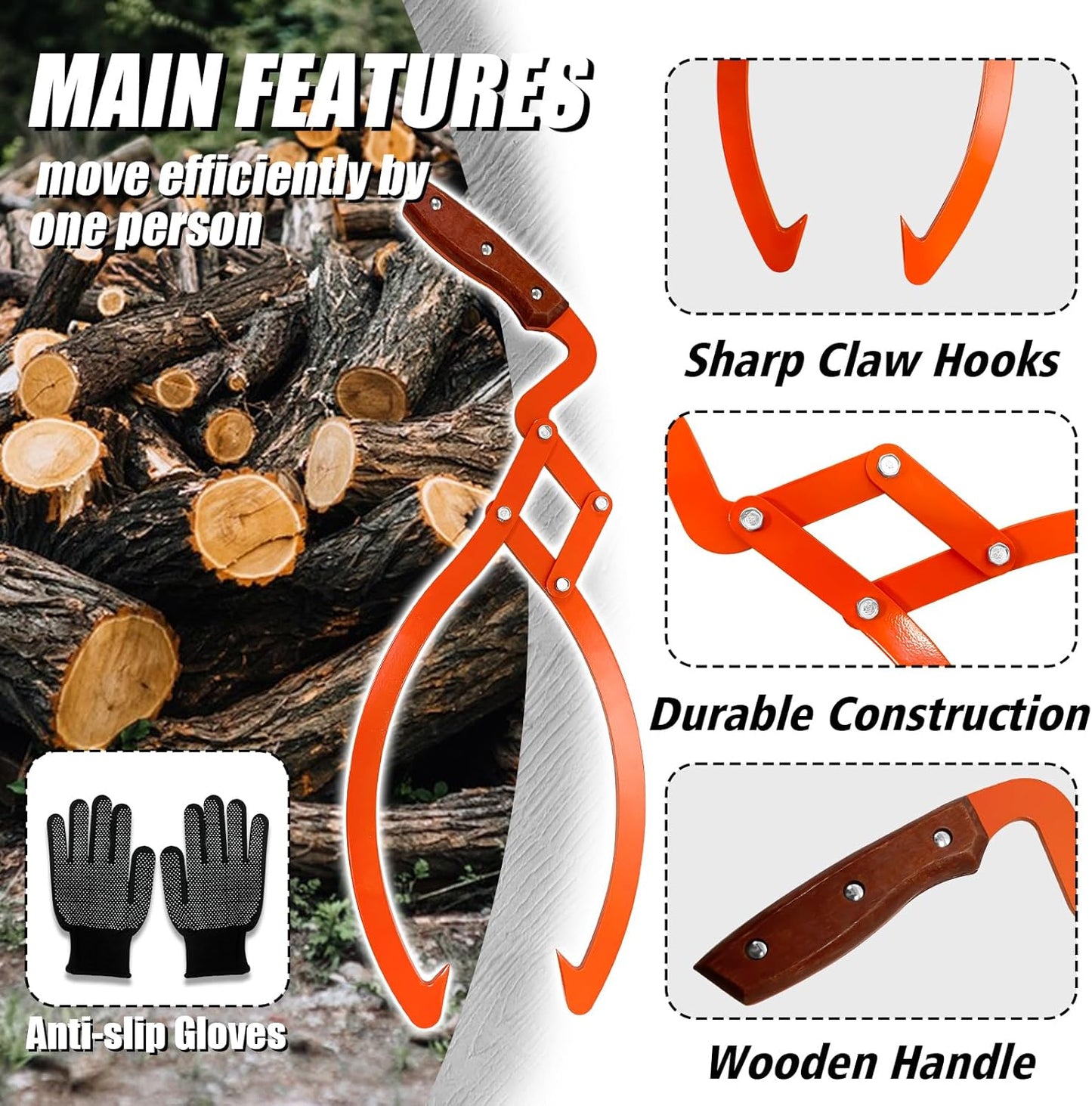 Log Grabber 20", 440LBS Logging Tongs with Gloves Handle Non-Slip Grip Hook, 2 Claw Skidding Tongs, Handling, Grapple Lifting, Dragging Carrying Tool