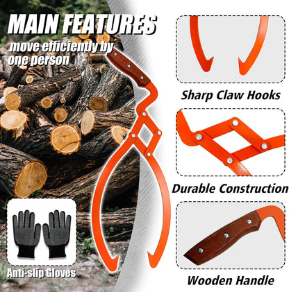 Log Grabber 20", 440LBS Logging Tongs with Gloves Handle Non-Slip Grip Hook, 2 Claw Skidding Tongs, Handling, Grapple Lifting, Dragging Carrying Tool