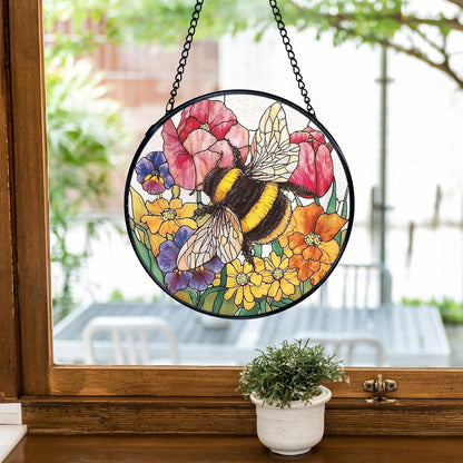 TNUW Bee Flower Stained Glass Window Hanging, Cottagecore Honey Bee Wildflower Sun Catchers Indoor Window Glass Round Wall Art Decor, Floral Wall Hanging Decorations, 7.9＂x7.9＂