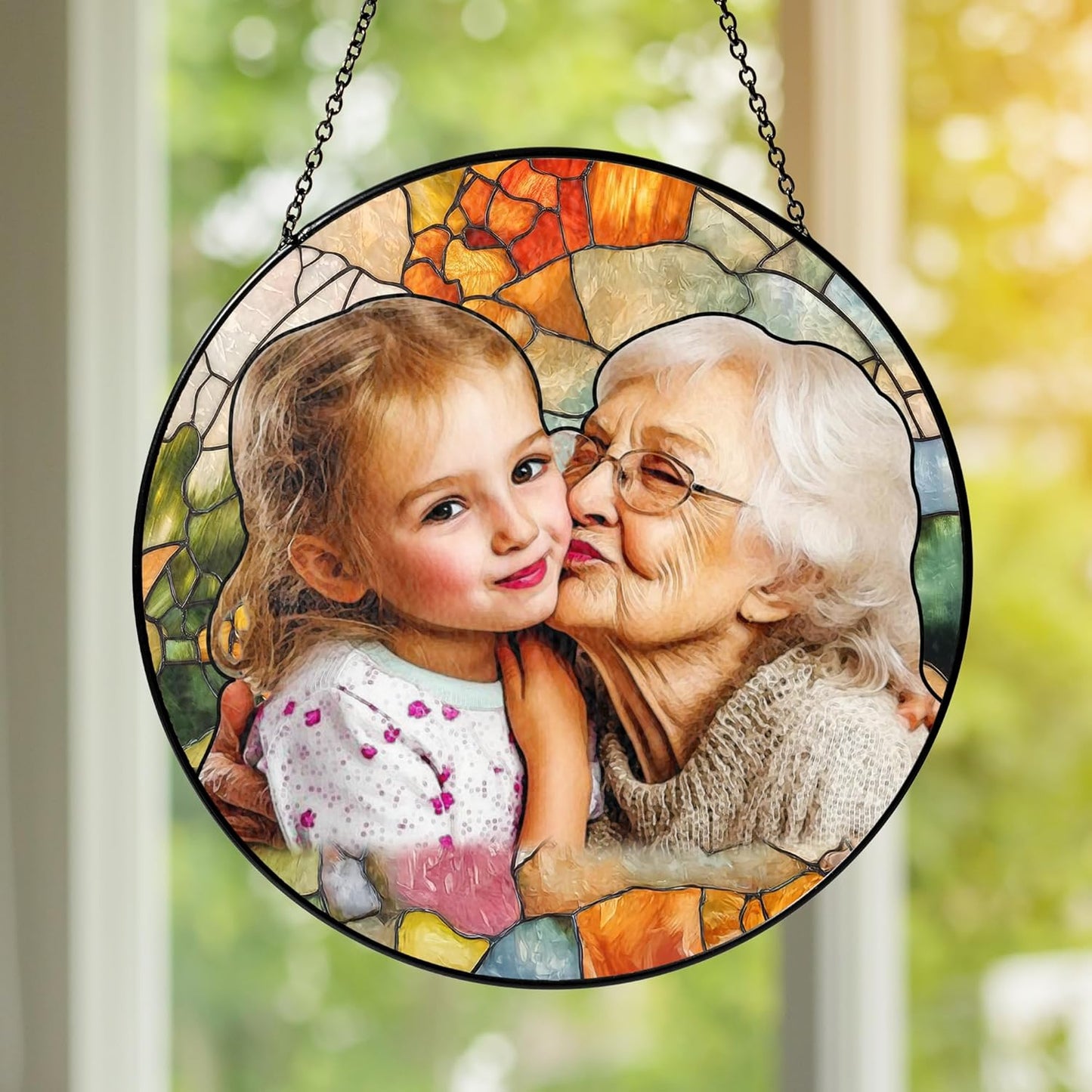 NAZENTI Personalized Grandma Stained Glass Suncatcher, Photo Family Portrait Window Hanging Ornament, Dog Suncatcher Custom Photo Mothers Day Grandma Mom Gifts from Son Daughter, Gifts for Nana Mimi