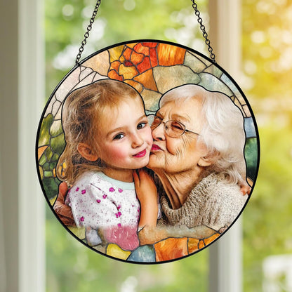 NAZENTI Personalized Grandma Stained Glass Suncatcher, Photo Family Portrait Window Hanging Ornament, Dog Suncatcher Custom Photo Mothers Day Grandma Mom Gifts from Son Daughter, Gifts for Nana Mimi