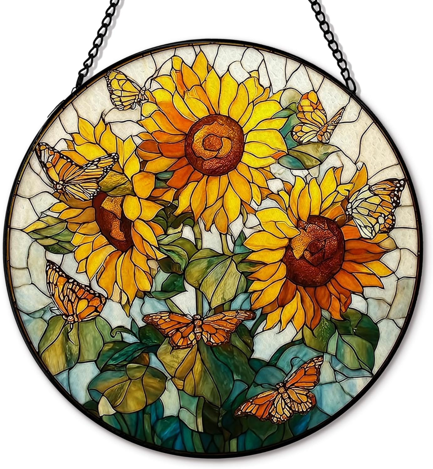 Sunflower Butterfly Suncatcher Stained Glass Garden Window Hanging, Sunflower Sun Catchers Indoor Window Glass Round Wall Decor, Cottagecore Summer Floral Wall Art Hanging Decorations, ＂7.8x7.8＂