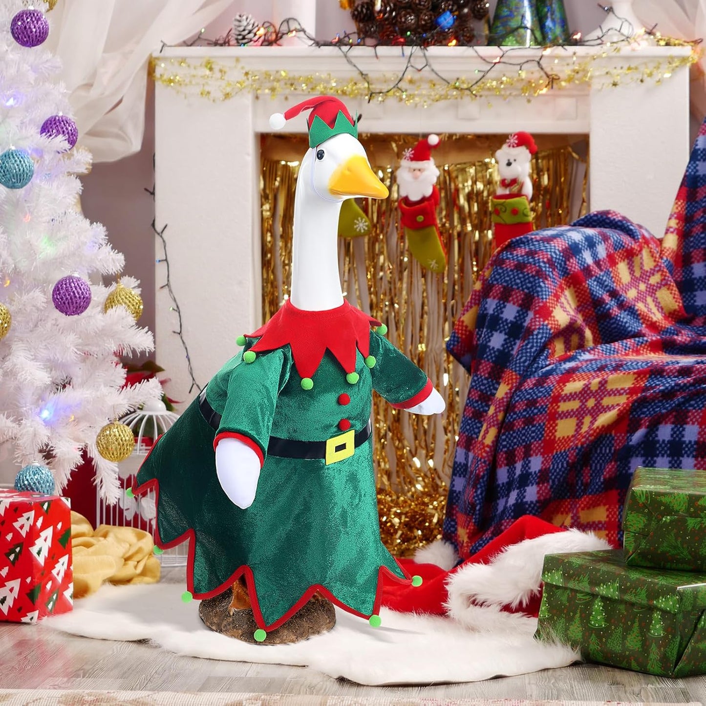 Christmas Goose Outfit Clothes for 23" High Cement or Plastic Goose Elf Red Green Costume Porch Garden Costume for Yard Outdoor Patio Xmas Holiday Decor