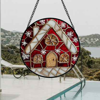 Stained Glass Window Hanging 4 Pcs Set Red Christmas Themed Decorations 6.3" - Suncatcher Door Garden Sun Catcher Decor Birthday New Year for Mom Woman Nana Men