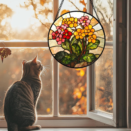 Stained Glass Window Hanging, Yellow Red Flowers Sun Catcher for Window Door Home Decor Green Plant