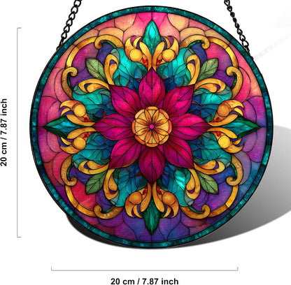 Bohemian Mandala Stained Glass Window Hanging Sun Catcher Indoor Outdoor Home Garden Panel Hangings Gift for Kits Adults (Red)