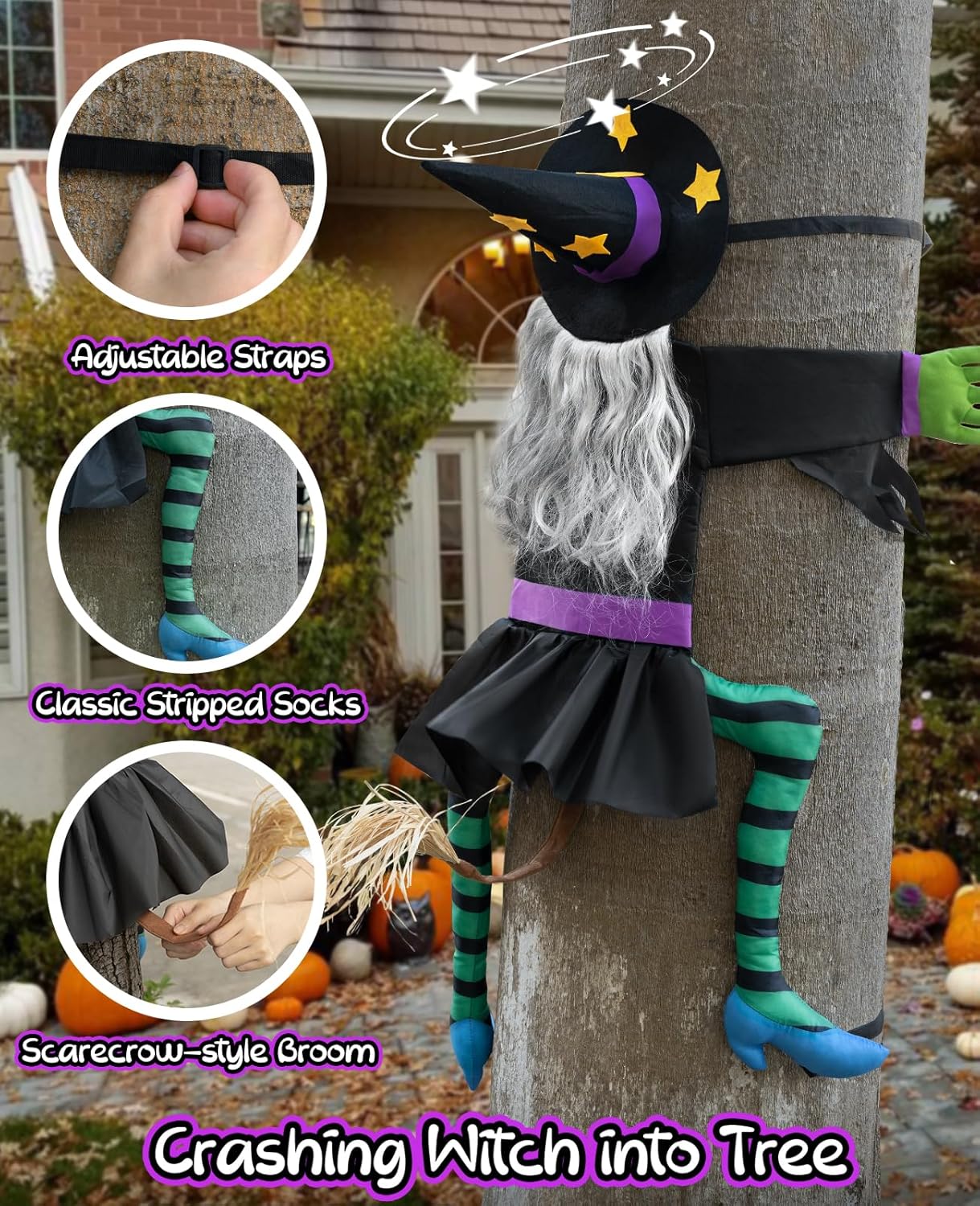 Crashing Witch for Halloween Decorations Outdoor: Hilarious Witch Decor with Adjustable Band for Tree Porch Door
