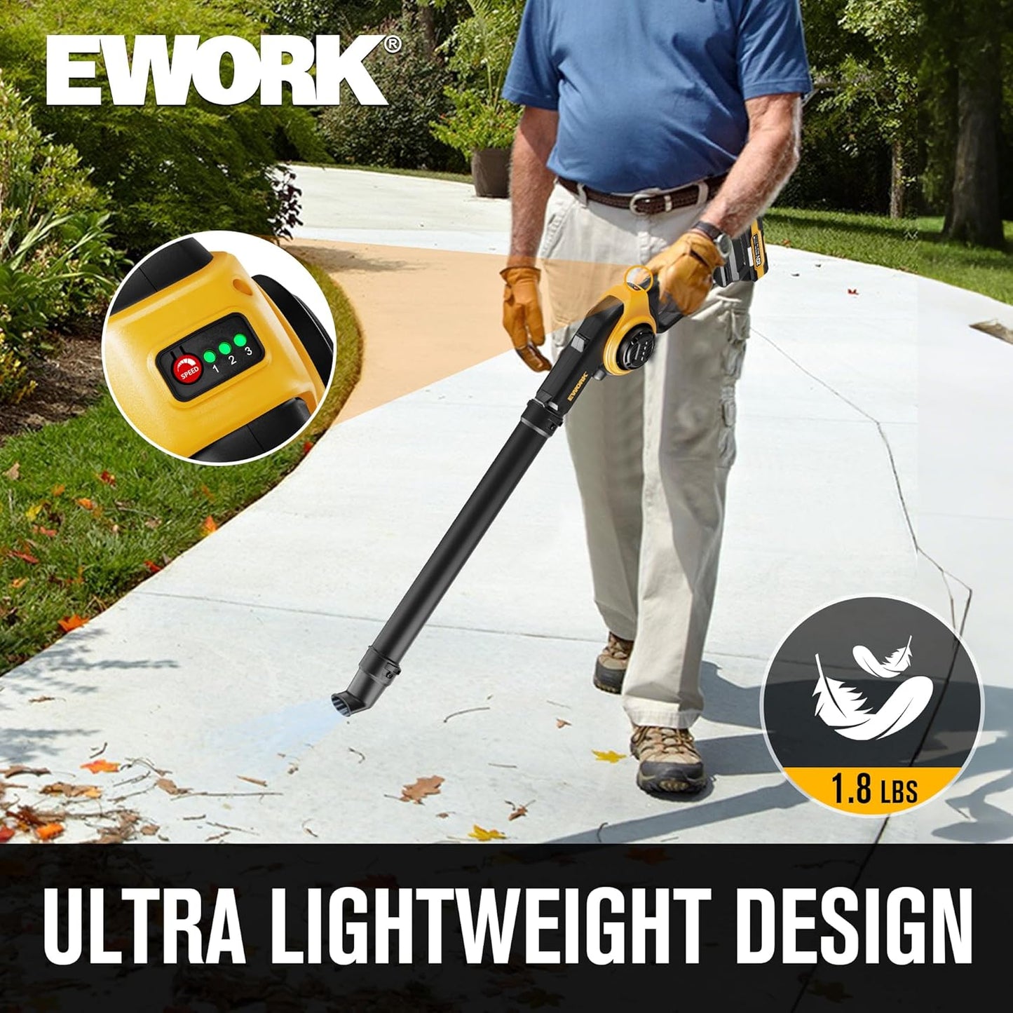 EWORK Small Leaf Blower Cordless 20V 200MPH Lightweight Electric Leaf Blower with Battery and Fast Charger, Mini Battery Powered Compact Leaf Blowers for Lawn Care, Leaves, Jobsite, Patio Cleaning