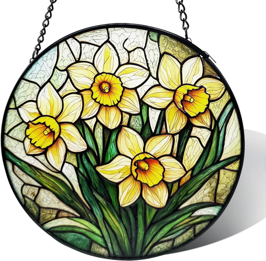 Stained Glass Window Hanging, Daffodil Flower Diamond Glass Panel Suncatcher Plant Sun Catchers for