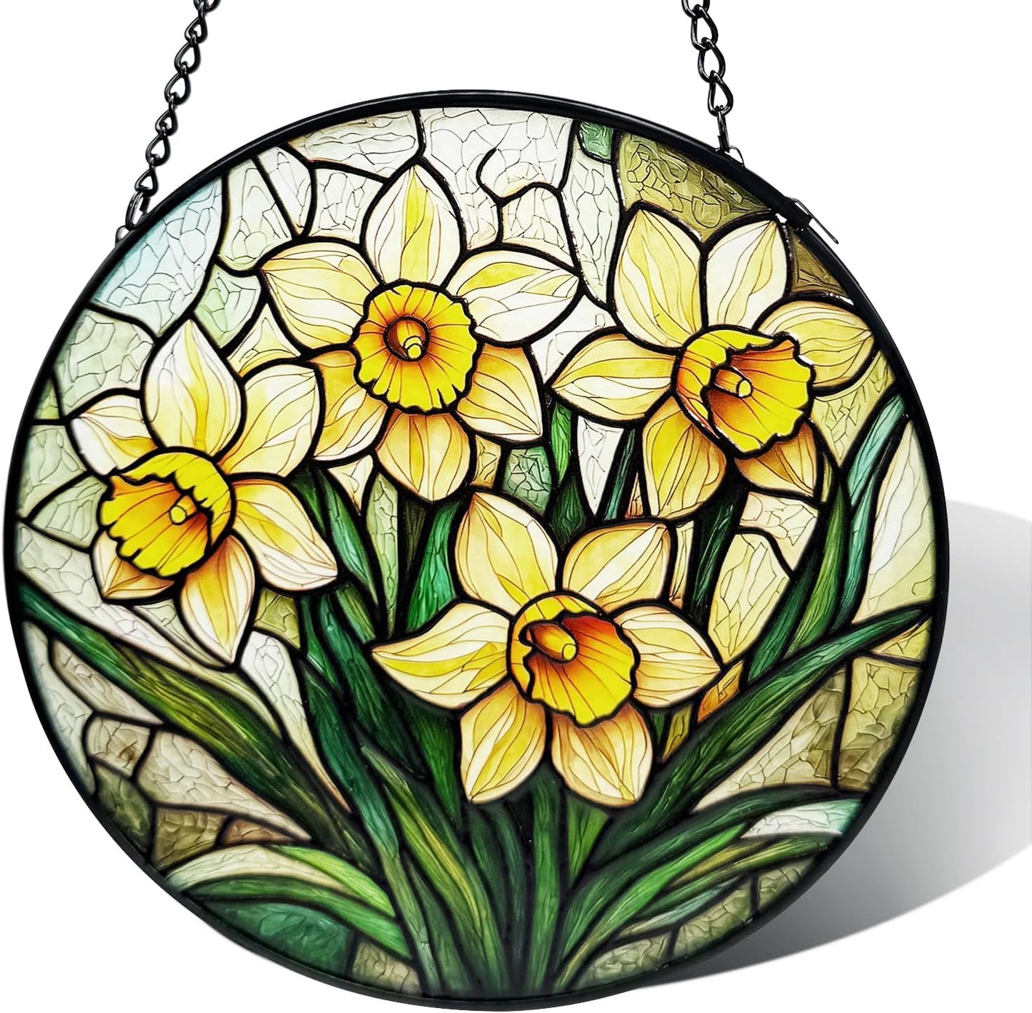 Stained Glass Window Hanging, Daffodil Flower Diamond Glass Panel Suncatcher Plant Sun Catchers for Home Garden Balcony Window Wall Decor, Gifts for Women,Mom (11.8 Inch)