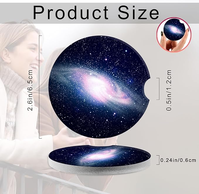 Pink Glowing Galaxy Space Stars Car Coasters,Ceramic Absorbent Cup Holders with Finger Notch & Cork Base Car Assecories for Women/Men 2.6"(2 Pieces)