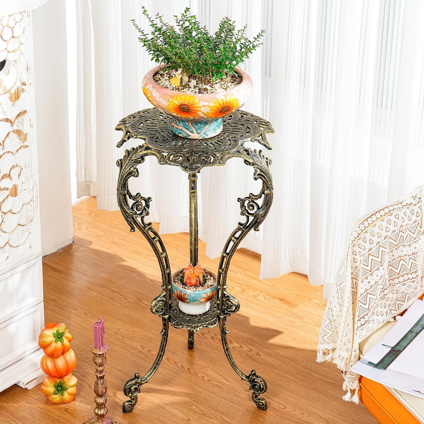 Sungmor Vintage Cast Iron Plant Stand - Ornate Gold Pedestal Table for Indoor Outdoor Garden, 27.5" Antique Metal Flower Pot Holder, Victorian Style Plant Display Stand - Patio, Porch, Balcony Décor