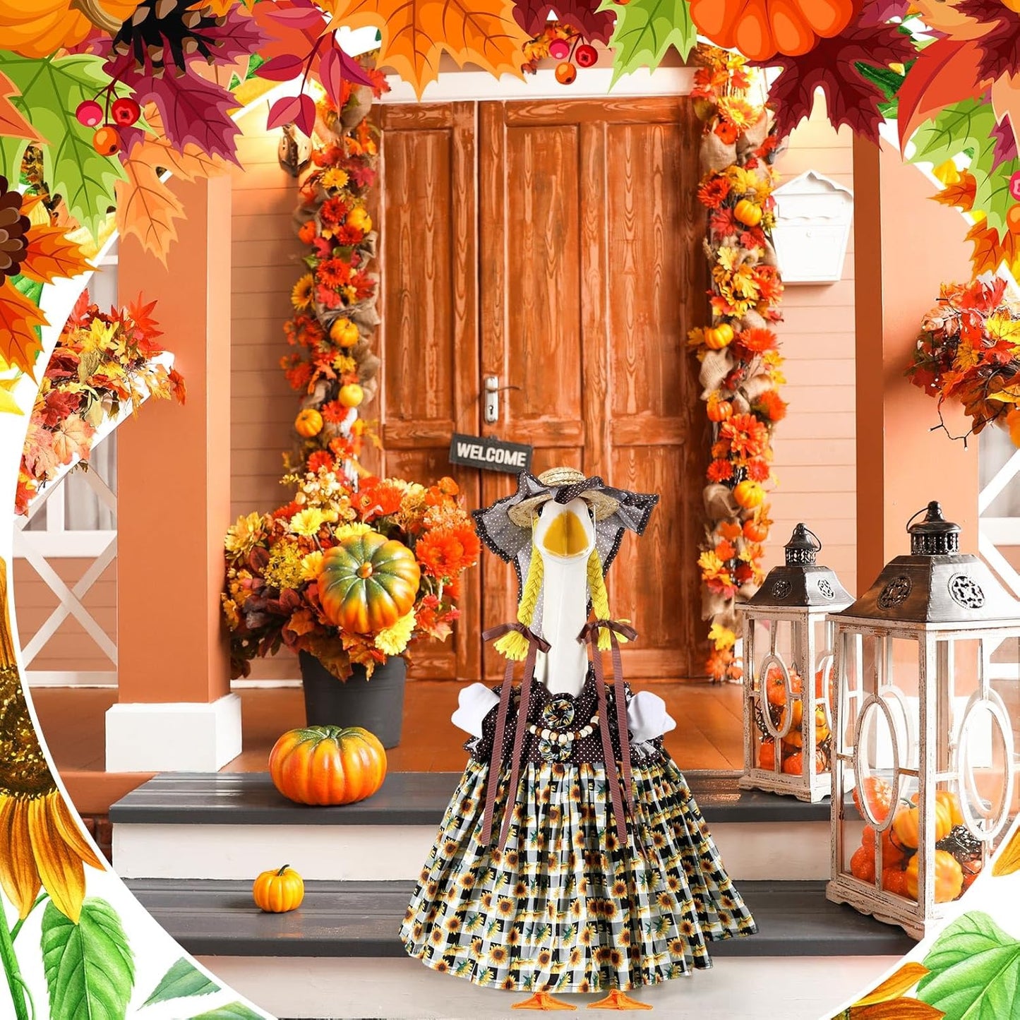 Fall Thanksgiving Goose Outfit Sunflower Porch Goose Costume with Hat Necklace for 23 Autumn Patio Yard Lawn Decor(Plaid Sunflower)