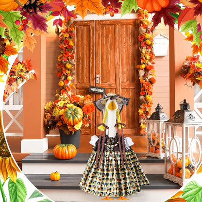 Fall Thanksgiving Goose Outfit Sunflower Porch Goose Costume with Hat Necklace for 23 Autumn Patio Yard Lawn Decor(Plaid Sunflower)