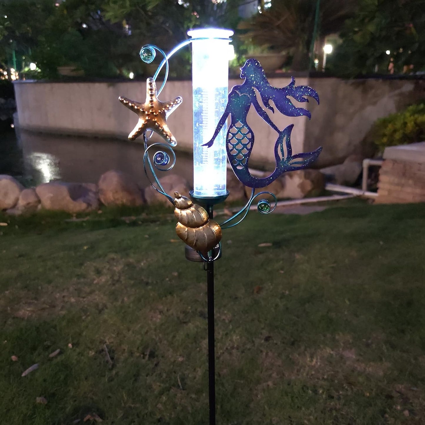JOYbee Mermaid Solar Powered Rain Gauge Garden Stake,Metal Mermaid Stake with Replacement 7" Capacity Glass Tube, LED Lights Glass Tube (Solar Rain Gauge),Decoration for Yard Lawn Outside