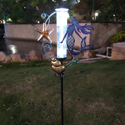 JOYbee Mermaid Solar Powered Rain Gauge Garden Stake,Metal Mermaid Stake with Replacement 7" Capacity Glass Tube, LED Lights Glass Tube (Solar Rain Gauge),Decoration for Yard Lawn Outside