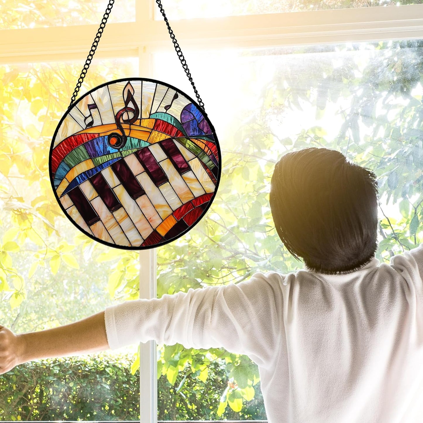 Stained Glass Window Hanging, Piano Notes Sun Catchers Glass Panel Suncatcher Decor for Birthday for Women, Men, Wife, Aunt, and Mom 11.8x11.8 in