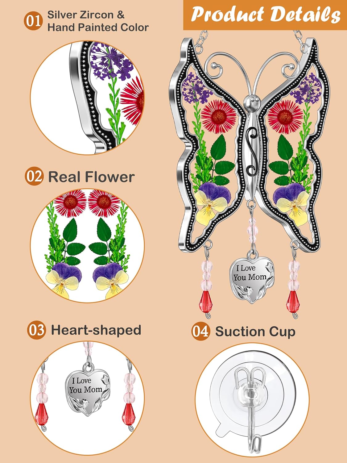 KY&BOSAM Butterfly Suncatcher Mom Gifts Stained Glass Suncathers for Windows Hangings Wind Chime with Real Flower Wings and Meatl I Love You Mom Heart Charm Birthday Gift for Women Mother`s Day