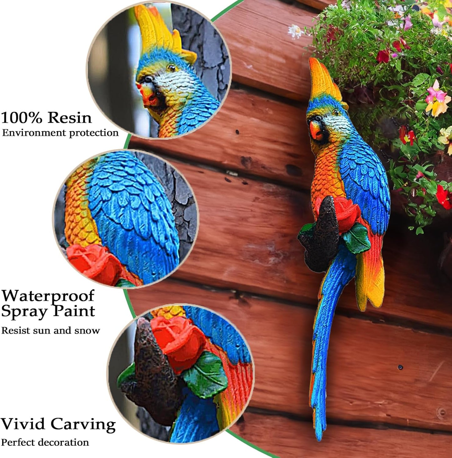 Teaeeno Resin Wall Bird Statue Decor,Real Parrot Sculpture Home Decor,Outdoor Indoor Figurine Ornaments-Garden Tree Sculpture,Resin Animal Statue for Garden, Terrace, Lawn, Yard