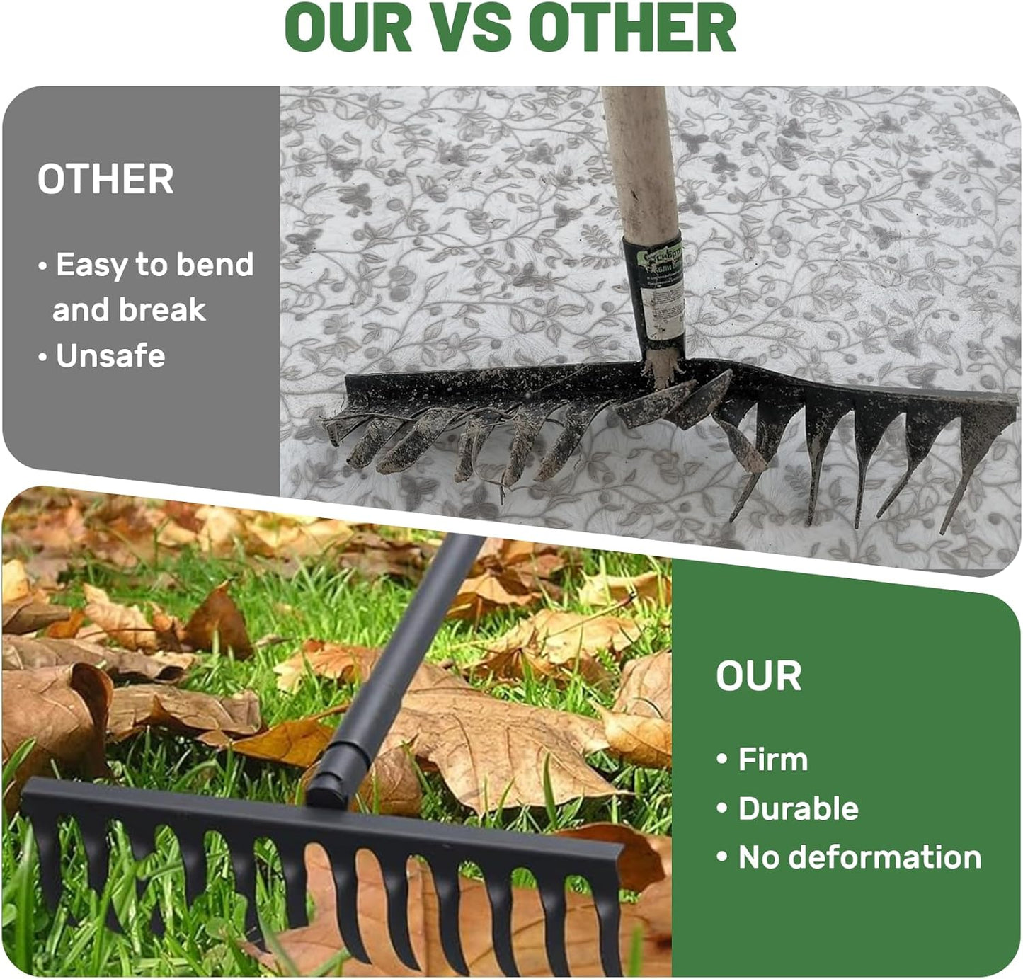60" Bow Rake 12 Tines Metal Head Rakes with Adjustable Handle, Thatch Rake for Gathering Thatch Loosening Soil Leveling Lawn Farming Land