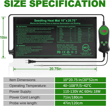 Seedling Heat Mat with Built-in Temperature Controller, 10" x 20.75" Waterproof Plant Heating Pad with Thermostat for Indoor Seed Starting Germination Hydroponics