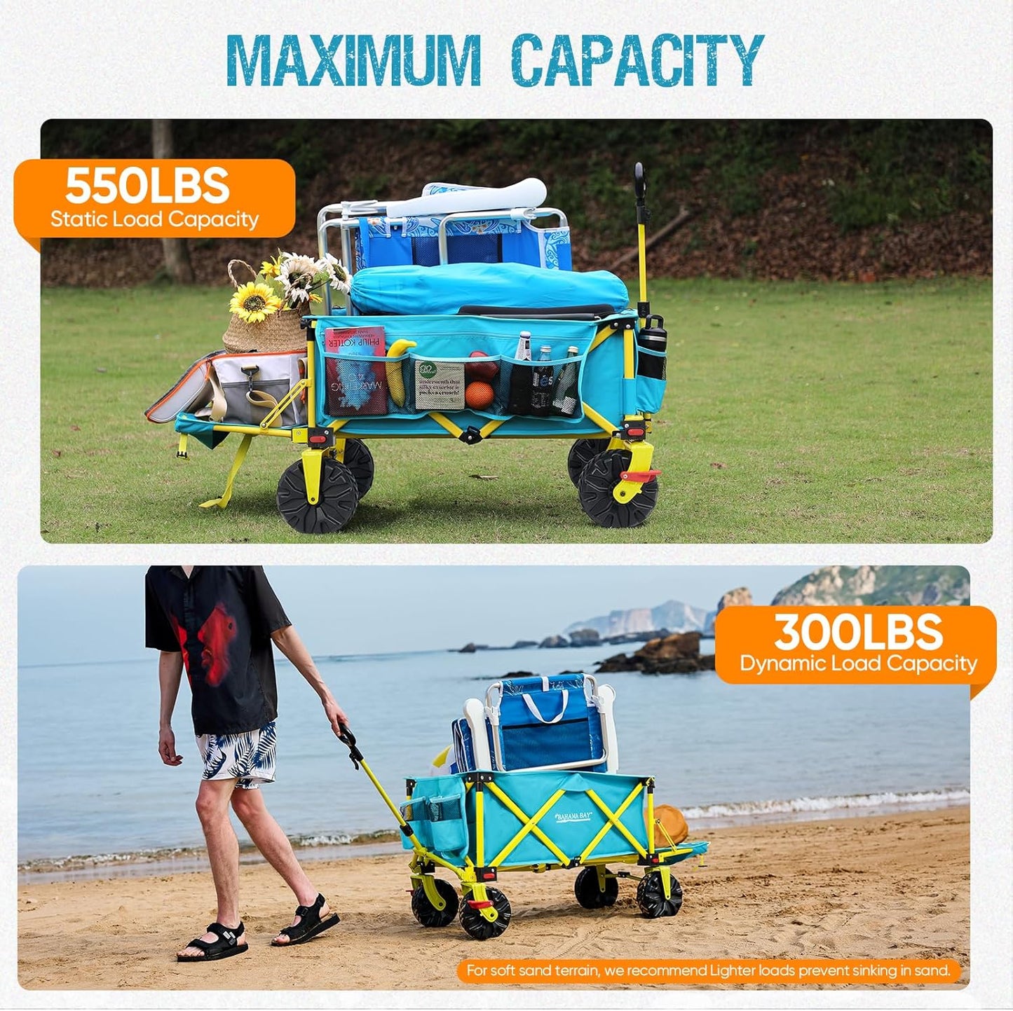 Old Bahama Bay 550lbs Extra Long 49" L Beach Wagon with Big Wheels with Brake for Sand, Collapsible Utility Beach Cart Heavy Duty Folding Wagon,Ideal for Outdoor Sand Camping Garden Pet