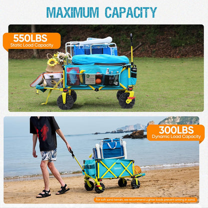 Old Bahama Bay 550lbs Extra Long 49" L Beach Wagon with Big Wheels with Brake for Sand, Collapsible Utility Beach Cart Heavy Duty Folding Wagon,Ideal for Outdoor Sand Camping Garden Pet