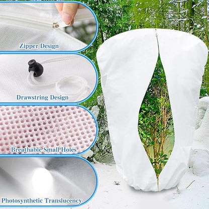 Plant Covers Freeze Protection, Frost Blankets for Outdoor Plants with Drawstring and Zipper, 2.5 oz/yd² 7.9 X 6.6 Ft, Reusable Winter Plant Protector Bag for Protect Trees Shrubs from Cold Frost