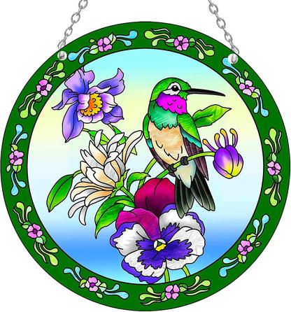 Hummingbird Stained Glass Suncatcher 6" Round, Window Hanging with Chain & Hook, Gift-Boxed Floral Bird Window Decor, Gift for Mom & Grandma