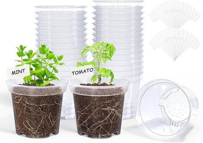 homenote Clear Nursery Pots for Plants,4 Inch Plant Pot for Planting Plastic Seedling with Drainage Holes Seed Starter Flower High Transparency with 20 Labels (30 Pack)