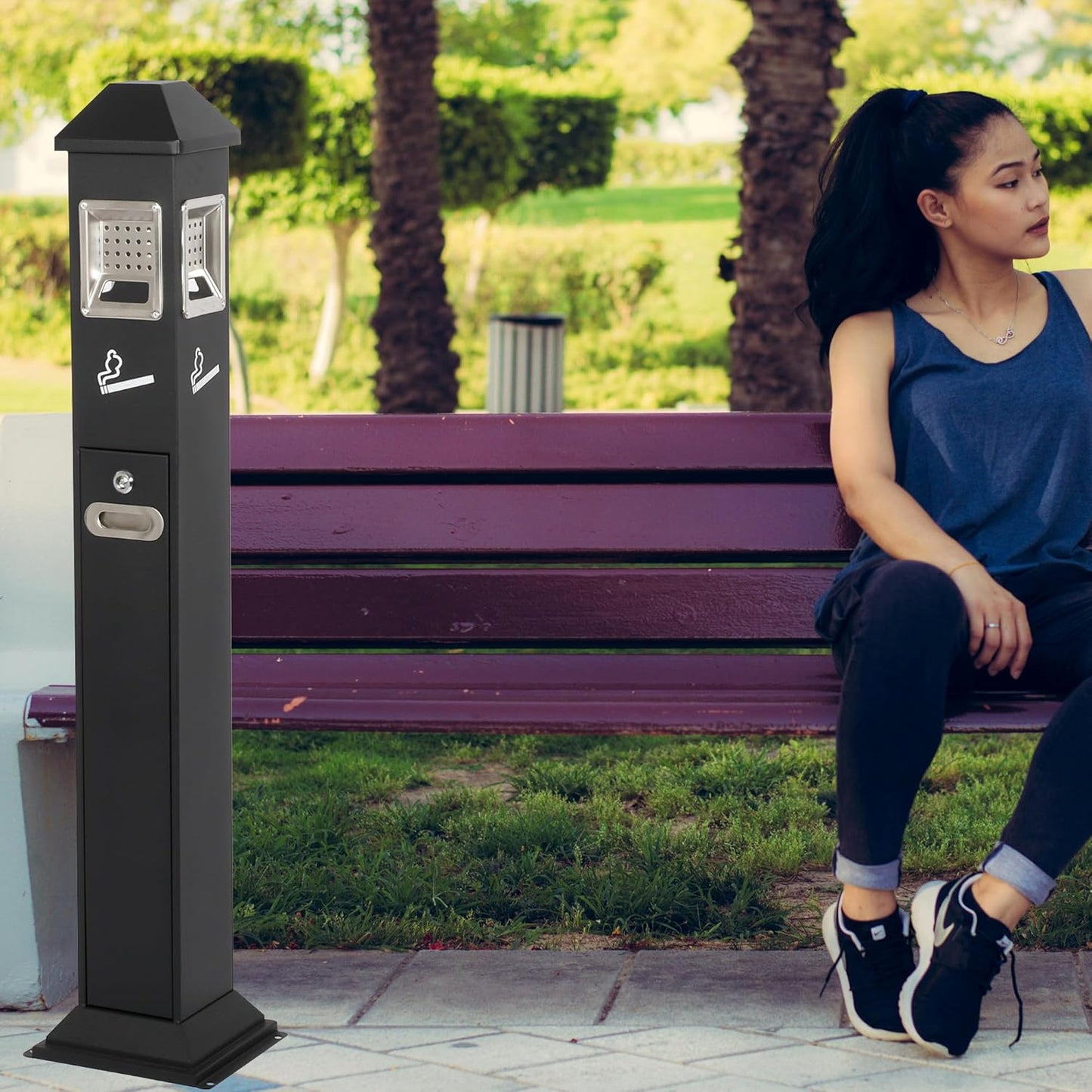 120cm Standing Waste Containers Trash Cans, Rubbish Bin Indoor Outdoor Stainless Steel Vertical Freestand Trash Bin with Key,Pub Hotel Restaurant Garden Standing Bin (B)