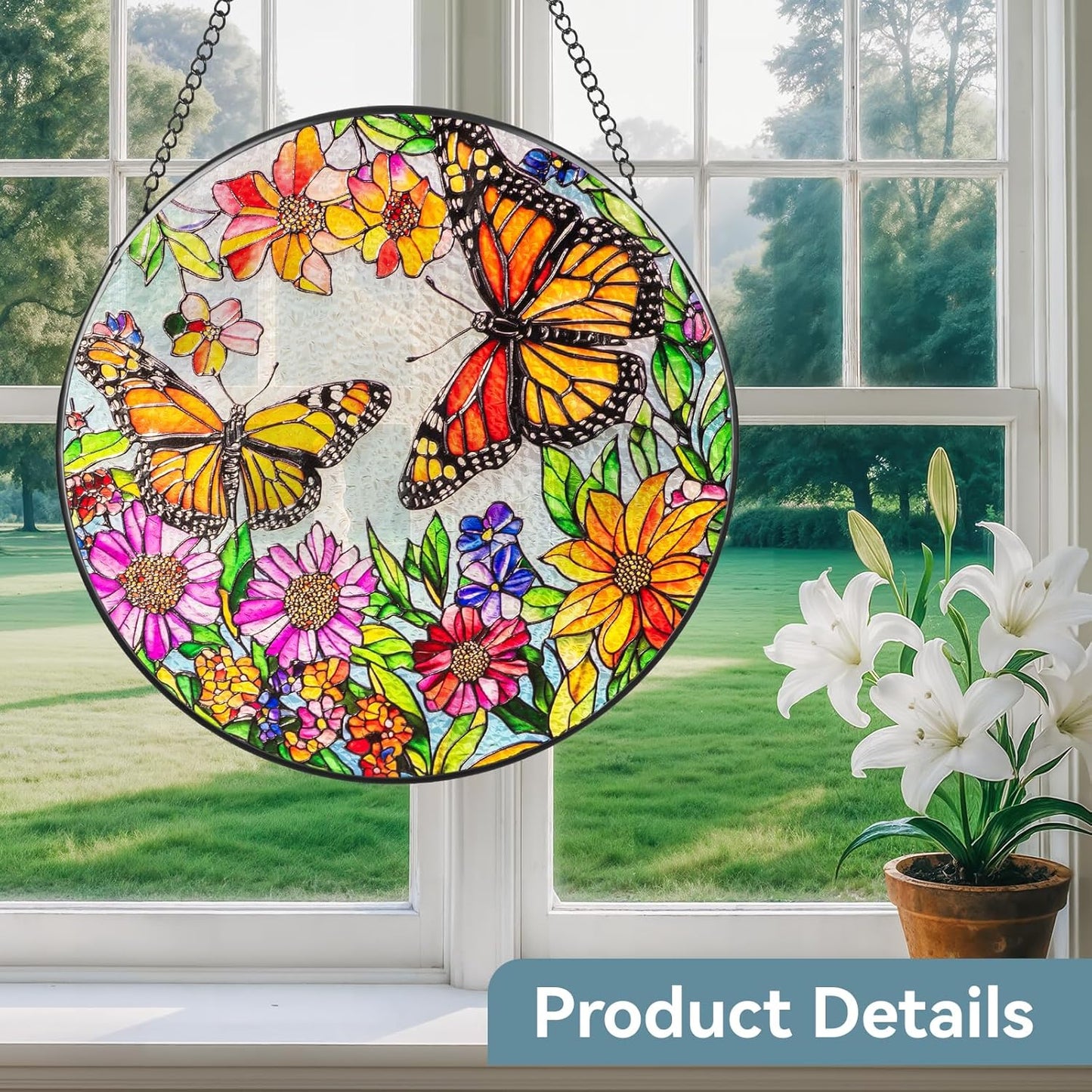 Suncatcher Stained Glass Window Hanging - Butterfly Glass Panel with Metal Chain and Hooks Handmade Sun Catcher Decoration for Window Garden Home Christmas & Birthday Gifts (8 Inch)
