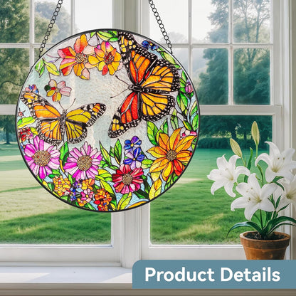 Suncatcher Stained Glass Window Hanging - Butterfly Glass Panel with Metal Chain and Hooks Handmade Sun Catcher Decoration for Window Garden Home Christmas & Birthday Gifts (8 Inch)