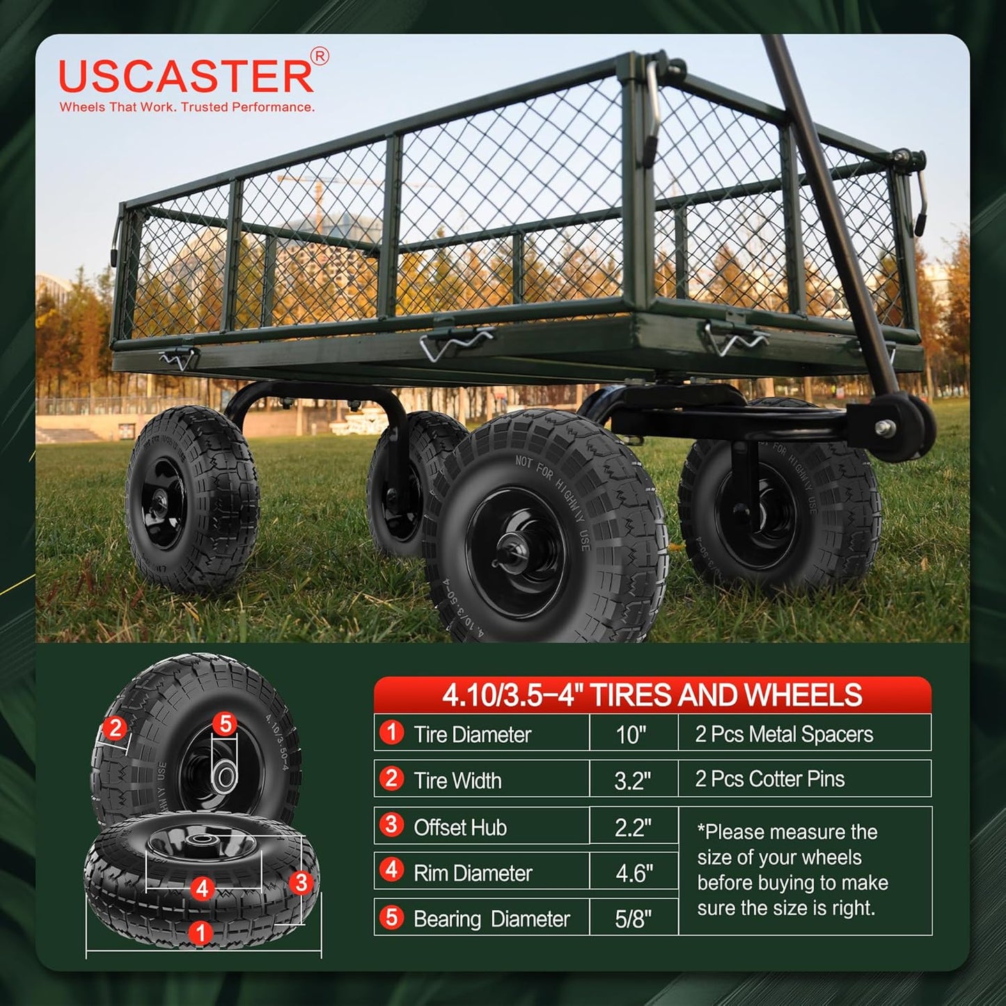 4.10/3.50-4 Tire and Wheel Flat Free,10-Inch Solid Wheel Replacement with 5/8 Bearings,2.2" Offset Hub -Compatible with Hand Truck,Wheelbarrow,Dolly(Black)