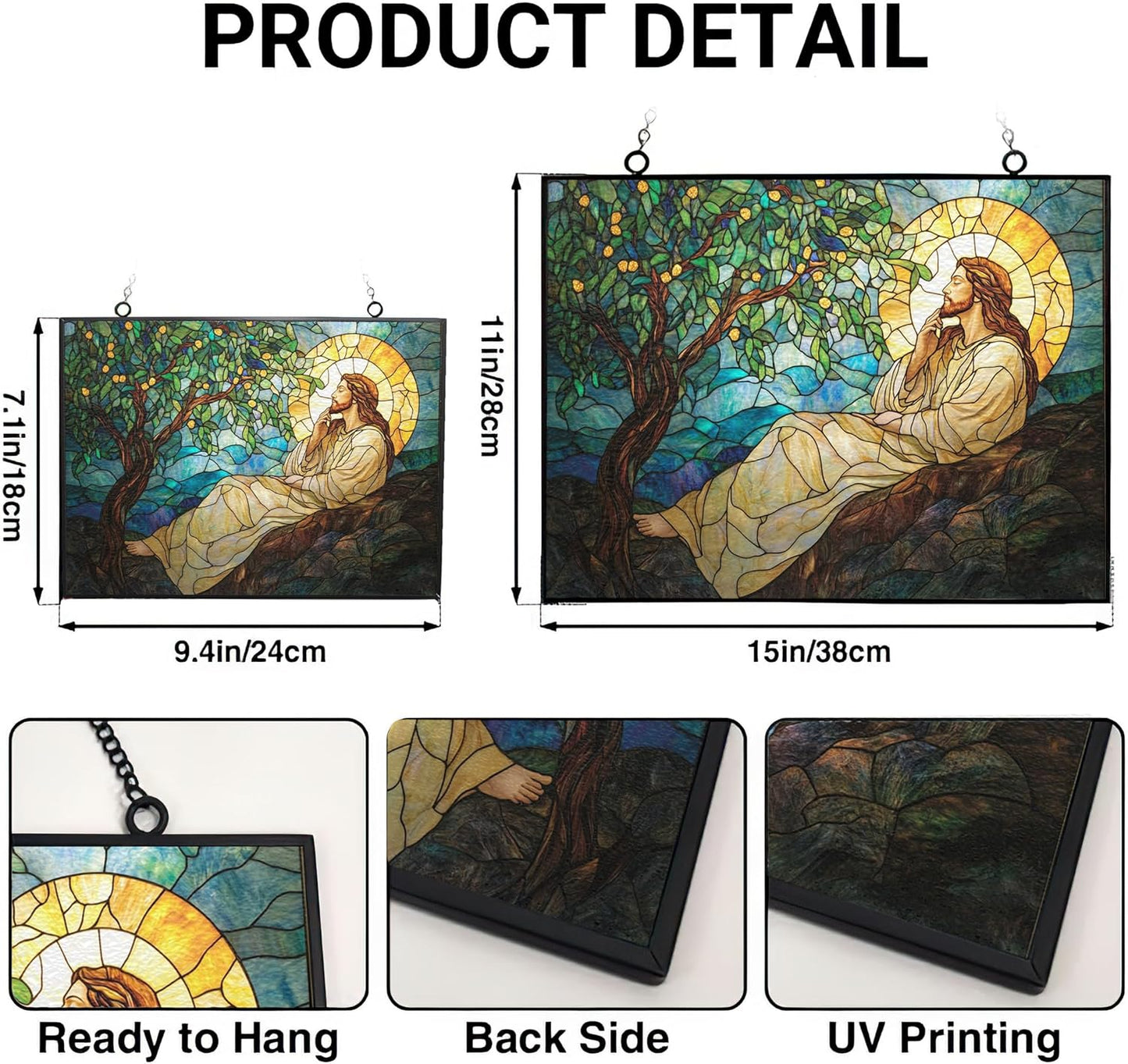 Customized Rectangle Art Nouveau Olive Tree Jesus Prayer Stained Glass Suncatcher Window Hangings, Suncatchers Glass Panel Sun Catchers Gifts Home Decor Garden Christmas Halloween Wedding