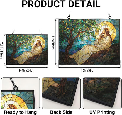 Customized Rectangle Art Nouveau Olive Tree Jesus Prayer Stained Glass Suncatcher Window Hangings, Suncatchers Glass Panel Sun Catchers Gifts Home Decor Garden Christmas Halloween Wedding