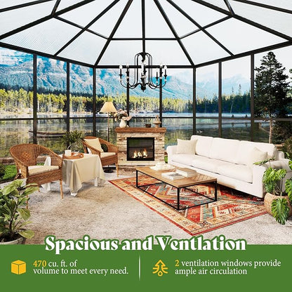 AMERLIFE 12x10x8 FT Hexagonal Hybrid Polycarbonate Greenhouse for Outdoors, Quick-Connect Assembly, Aluminum Frame with Ventilation and Rain Gutter for Backyard Garden, Black