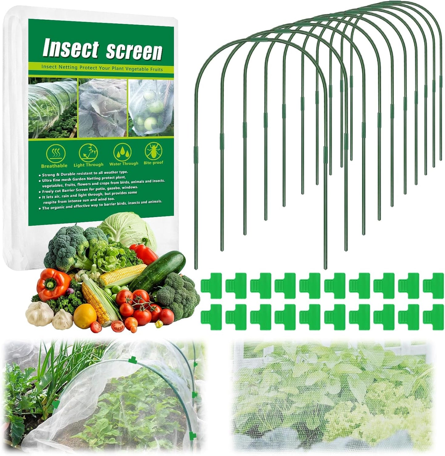 10 X 50 FT Garden Mesh Netting Kit Pest Barrier for Raised Beds, Fruit Tree Netting with 10 Sets Garden Hoops & 20 Clips for Cicadas Bird Insect, Blueberry Bush Netting Cover for Garden Protection