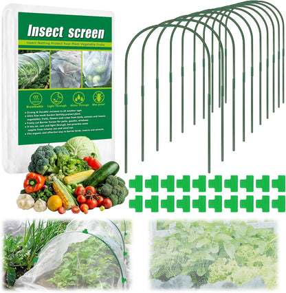 10 X 50 FT Garden Mesh Netting Kit Pest Barrier for Raised Beds, Fruit Tree Netting with 10 Sets Garden Hoops & 20 Clips for Cicadas Bird Insect, Blueberry Bush Netting Cover for Garden Protection