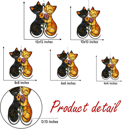 Couple Cats Flower Acrylic Suncatcher Stained Glass Effect Window Car Hanging Christmas Ornament Indoor Outdoor Decor Garden Sun Catcher Panel Gifts for Cat Lover for Women Mom Grandma