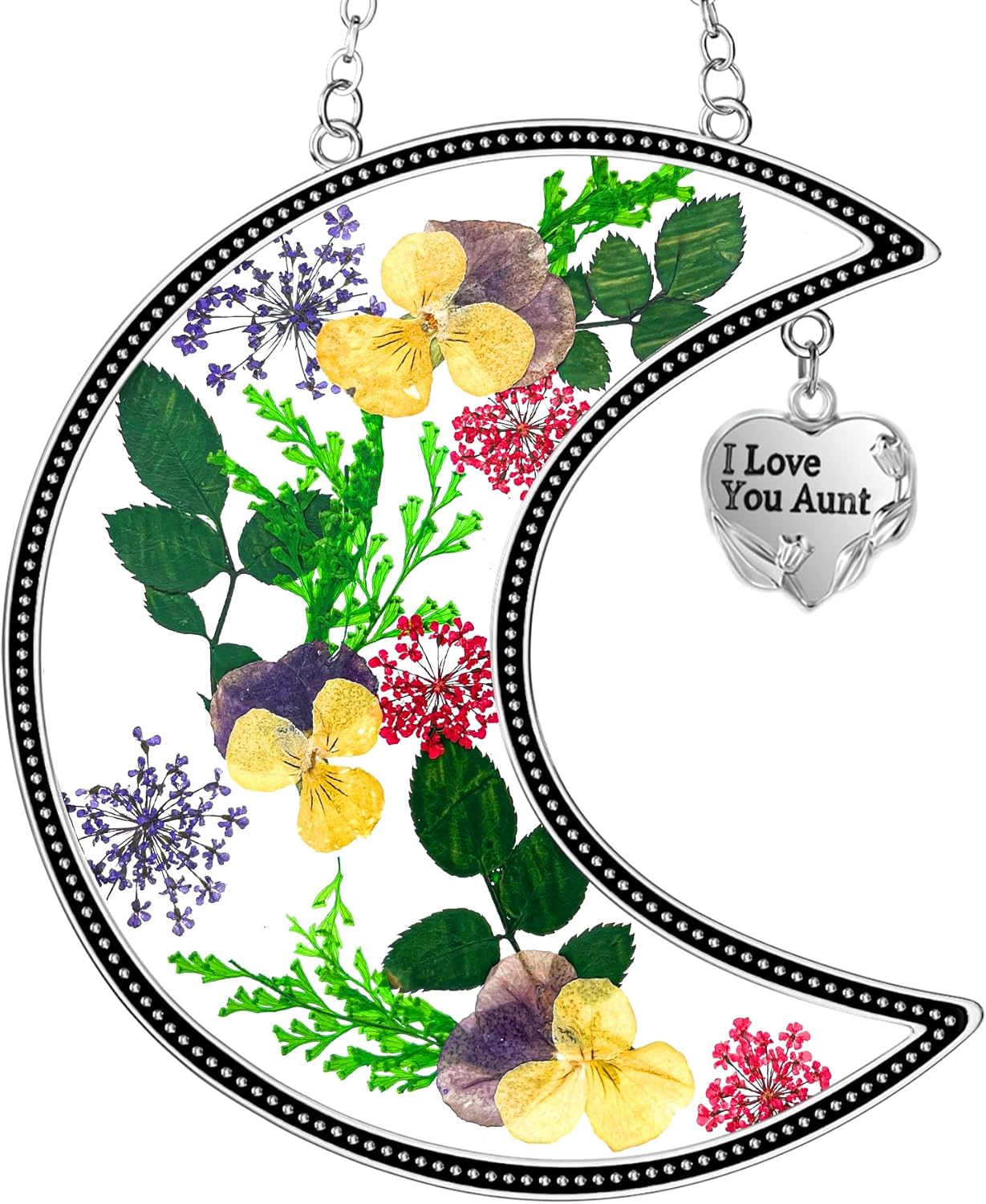 KY&BOSAM Moon Suncatchers Aunt Gifts for Mom Family Friends Stained Glass for Windows Wind Chimes Real Flower Colorful and Metal I Love You Aunt Heart Chain Outdoor for Garden Indoor Home Trees Decor